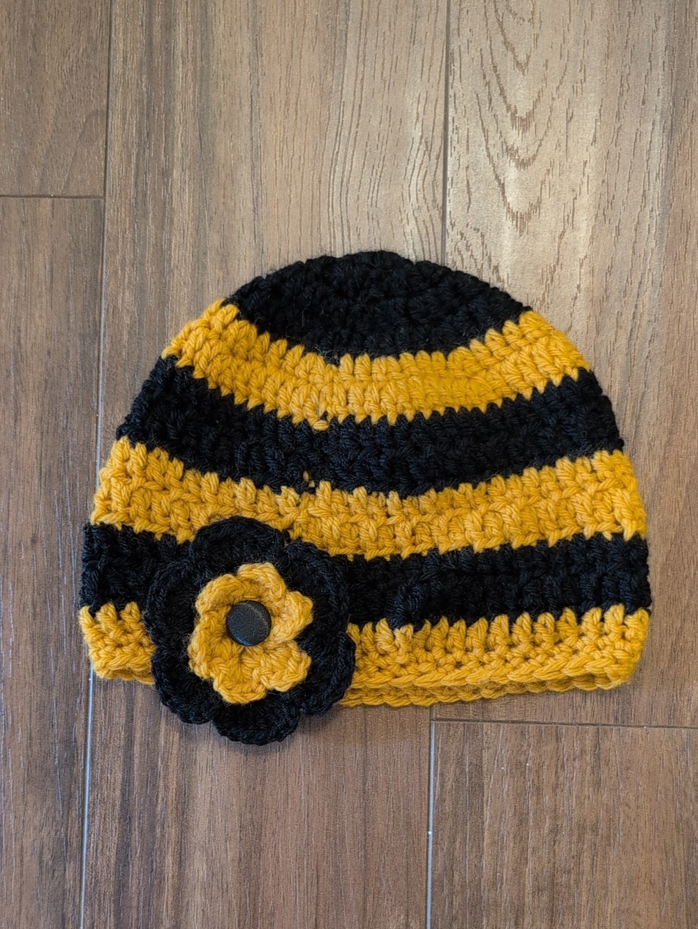 Handmade Crochet Gold Yellow Black Striped Crochet Beanie with Flower